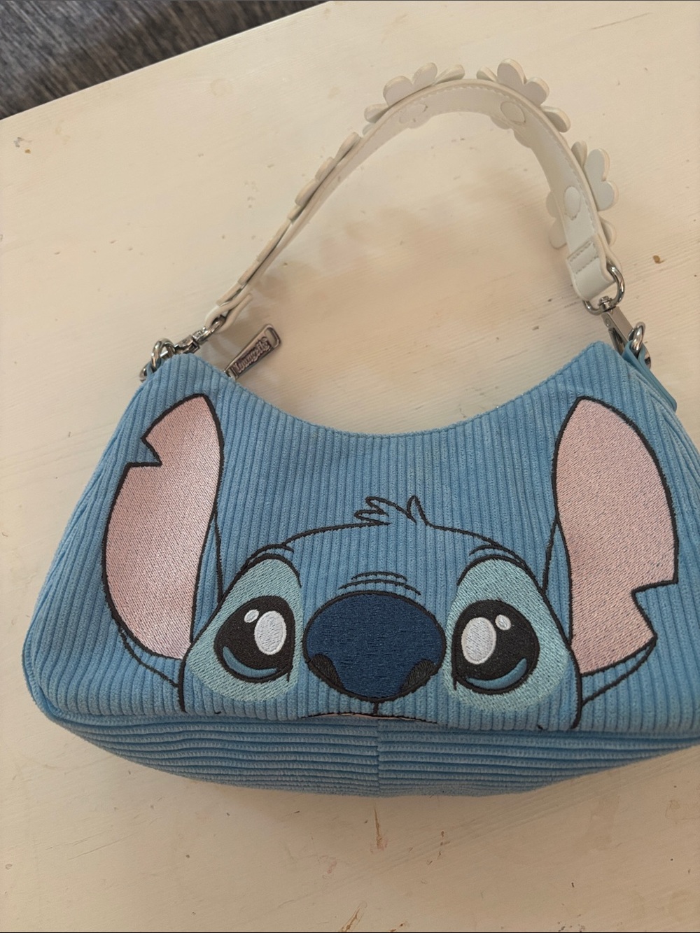 NWOT Disney LoungefLight Blue Stitch Corduroy Shoulder Bag with Pink Ear Accents
